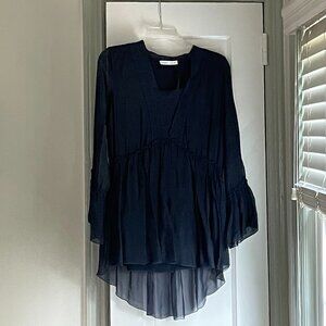 Women's Navy Blue Silk Blend V-Neck Bohemian Blouse by TEMPO PARIS